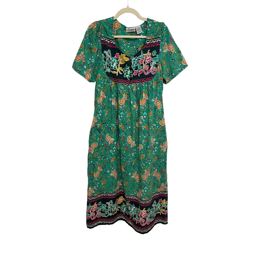 Vintage Loungees House Dress Green Paisley Floral Cotton Medium